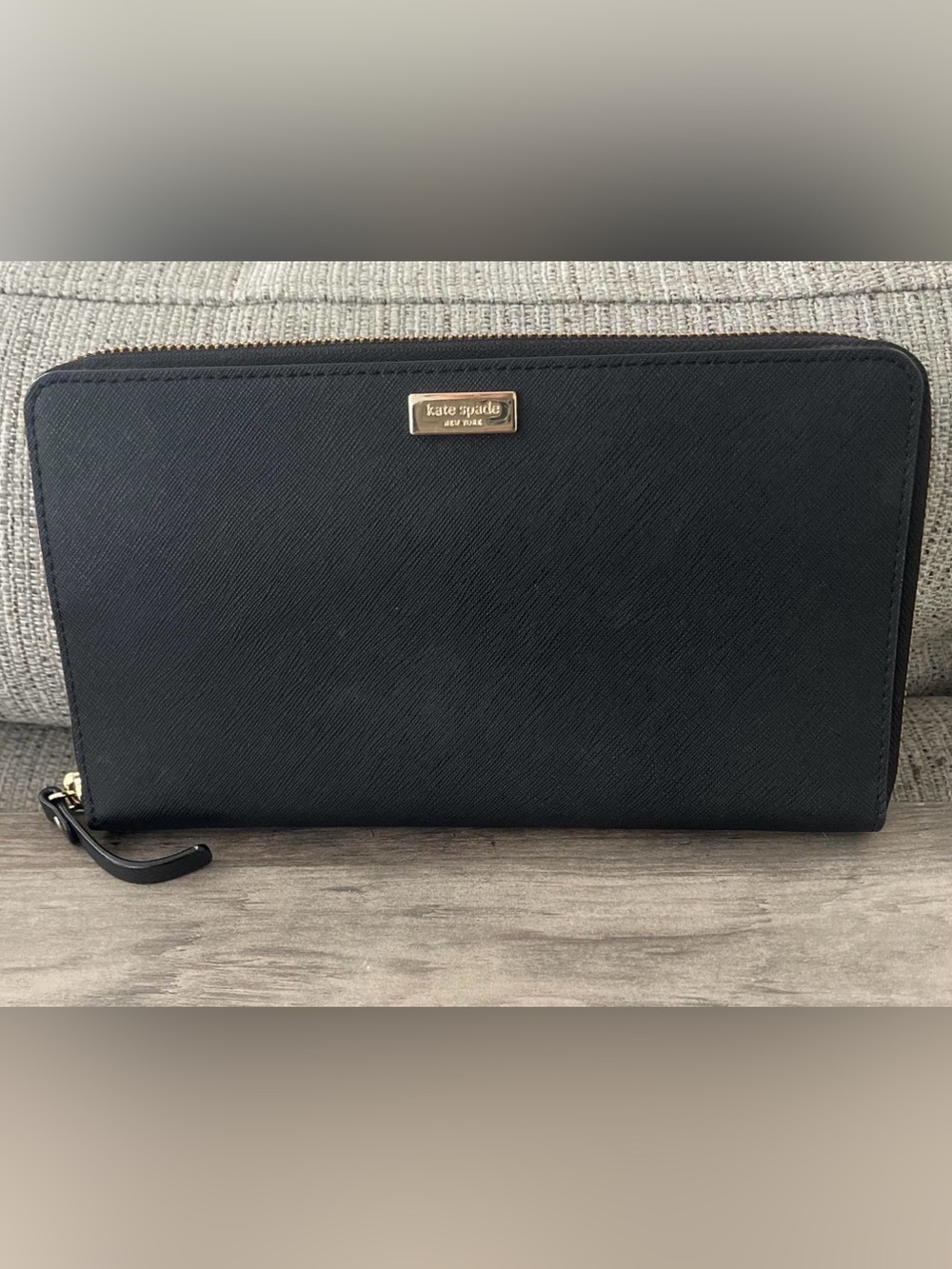 kate spade Black Saffiano Zip Clutch with Gold Plaque